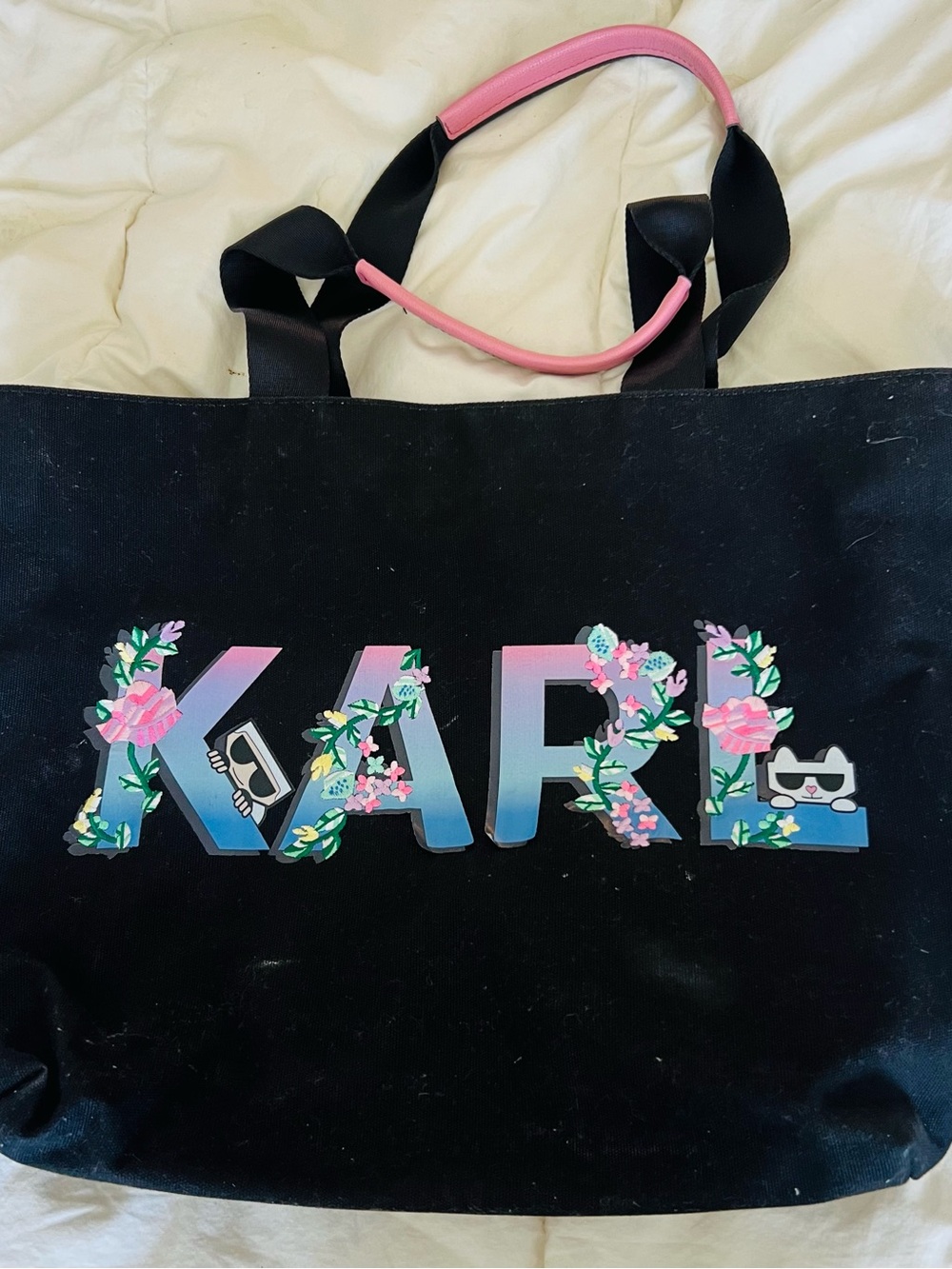 Karl Lagerfeld Black Canvas Tote with Pink Handle and Floral Logo